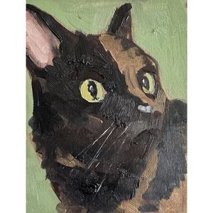 Original Cat Calico Painting Impressionism Signed Cute Kitten Green Eyes 5x7